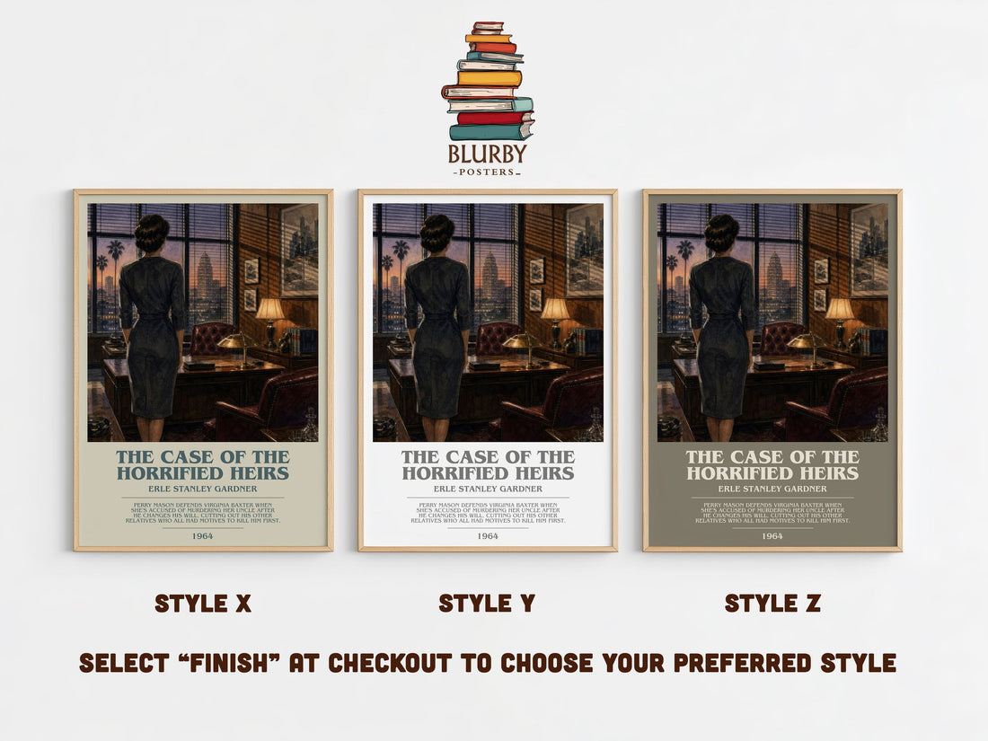 The Case Of The Horrified Heirs bookish print in frame leaning in hallway – mystery wall art (mockup)