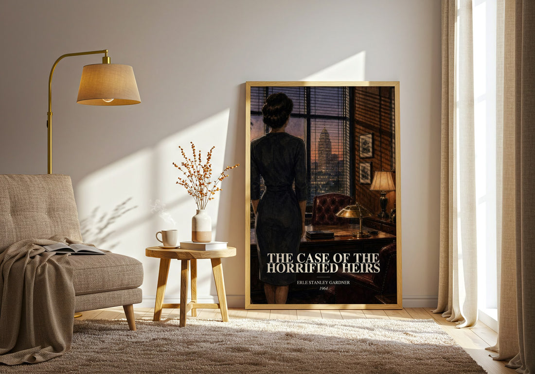 The Case Of The Horrified Heirs watercolour print in frame leaning in hallway – mystery wall art (mockup)