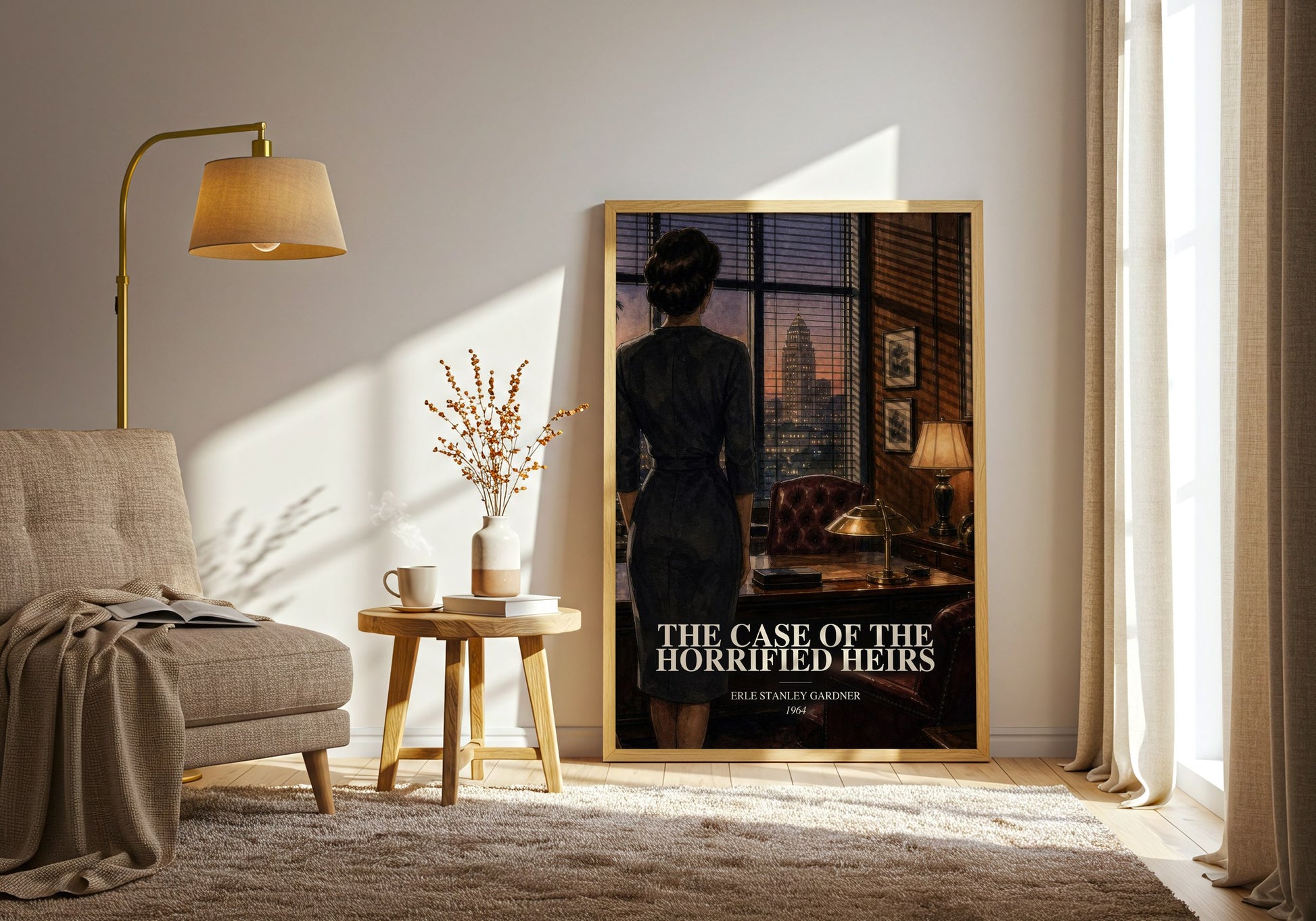The Case Of The Horrified Heirs watercolour print in frame leaning in hallway – mystery wall art
