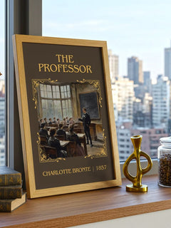 The Professor Classic Book Art Print by Charlotte Brontë – framed print on a city-view windowsill