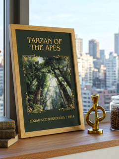Tarzan Of The Apes Classic Book Art Print by Edgar Rice Burroughs – framed print on a city-view windowsill