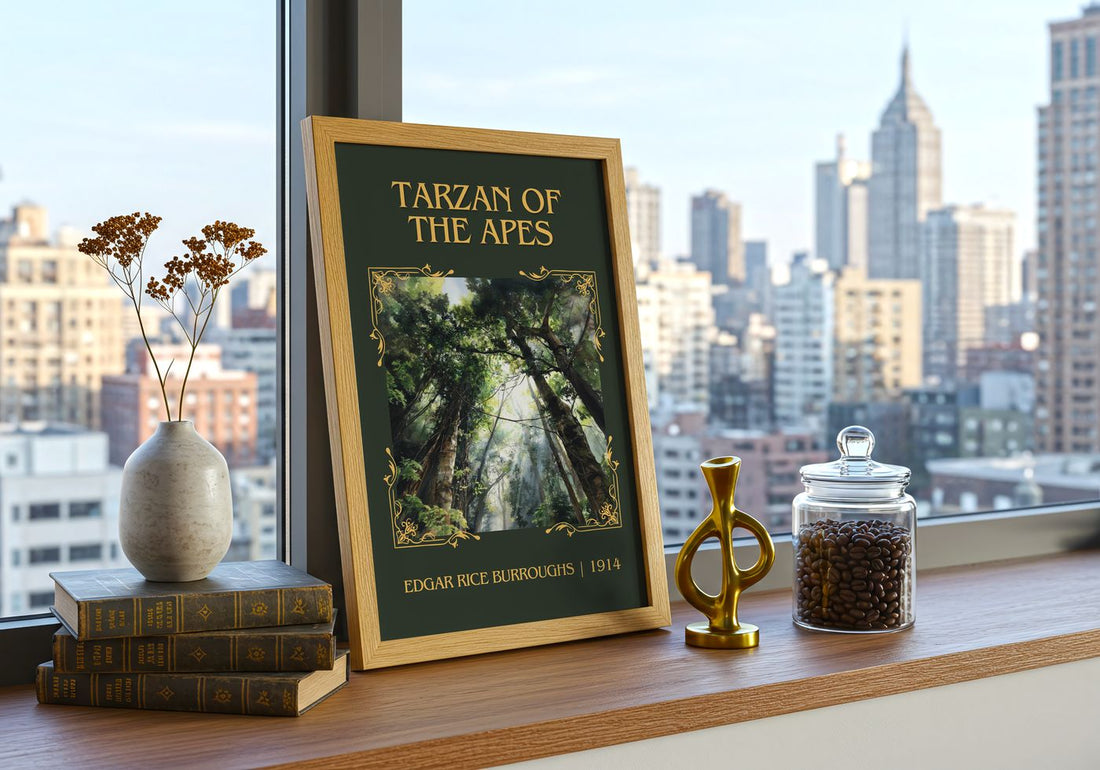 Tarzan Of The Apes Classic Book Art Print by Edgar Rice Burroughs – framed print on a city-view windowsill