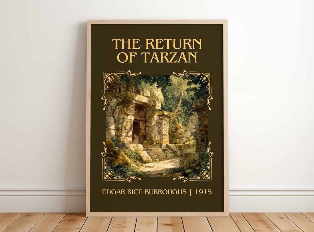 The Return Of Tarzan Classic Book Art Print by Edgar Rice Burroughs – framed print leaning on a wooden floor