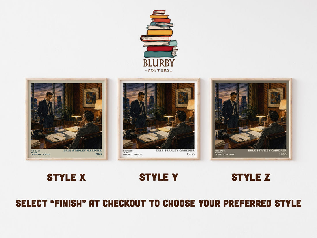 The Case Of The Troubled Trustee literary print in frame leaning in hallway – mystery wall art (mockup)