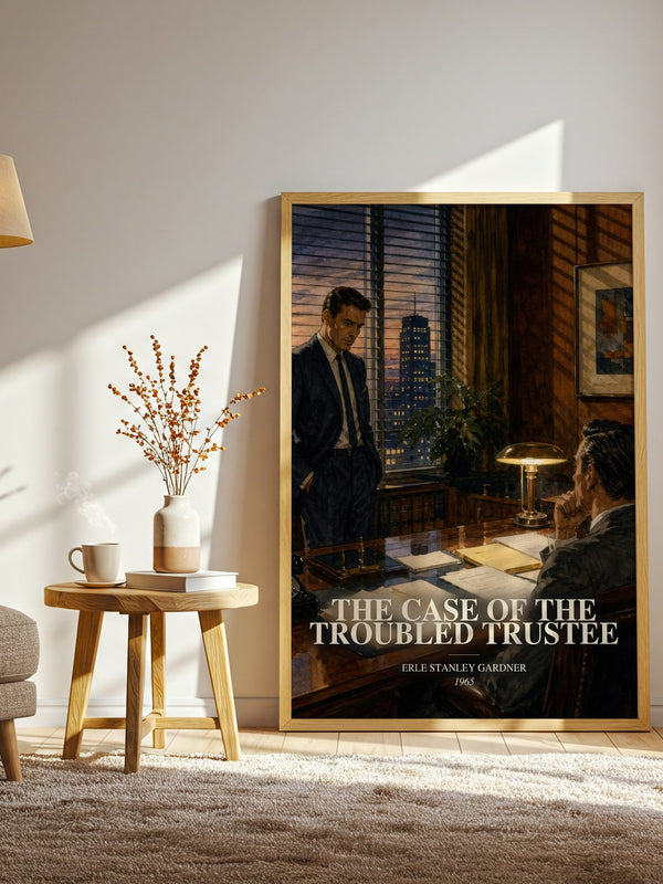 The Case Of The Troubled Trustee watercolour print in frame leaning in hallway – mystery wall art