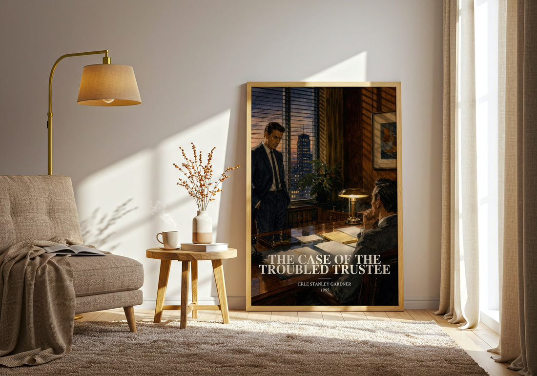 The Case Of The Troubled Trustee watercolour print in frame leaning in hallway – mystery wall art (mockup)