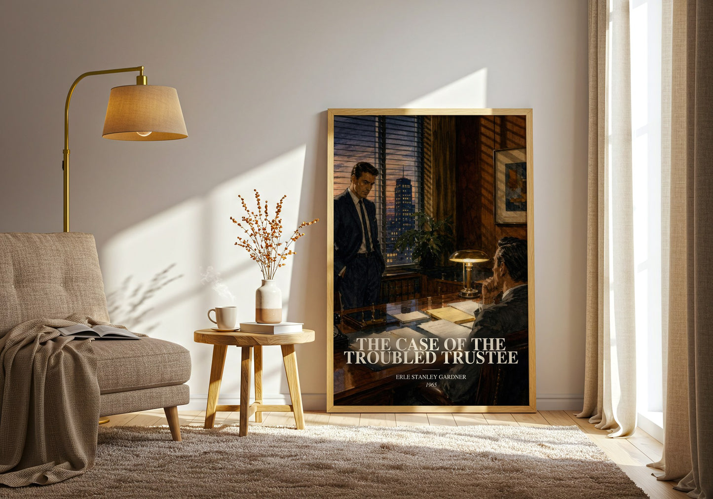 The Case Of The Troubled Trustee watercolour print in frame leaning in hallway – mystery wall art
