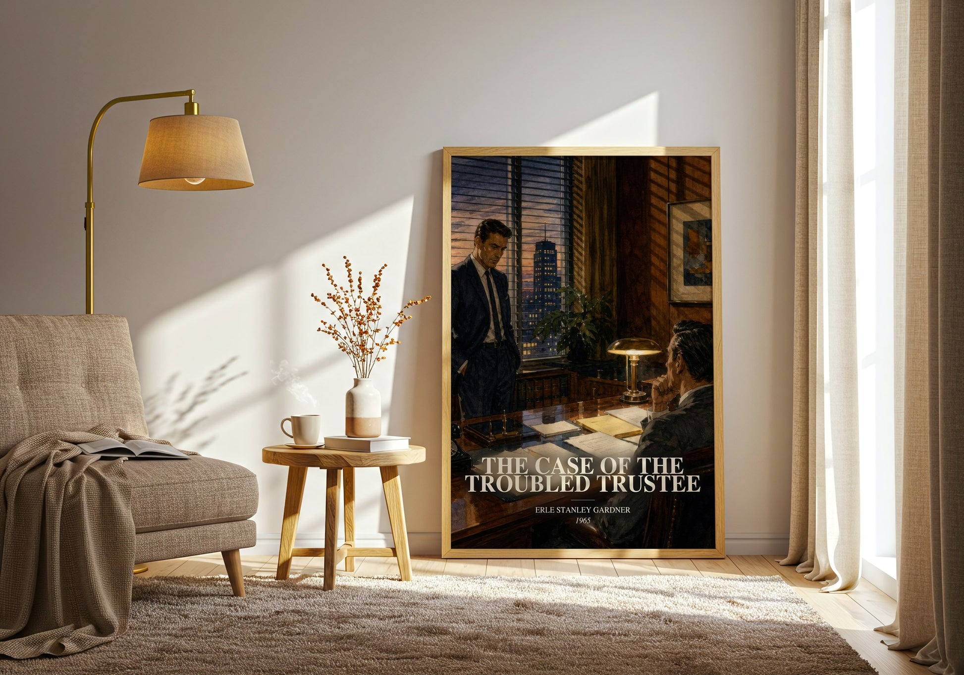 The Case Of The Troubled Trustee watercolour print in frame leaning in hallway – mystery wall art