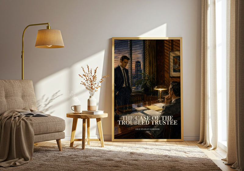 The Case Of The Troubled Trustee watercolour print in frame leaning in hallway – mystery wall art