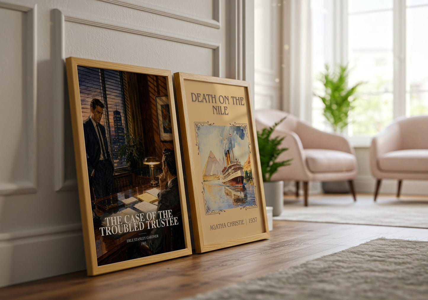 The Case Of The Troubled Trustee watercolour print framed by window – literary home decor