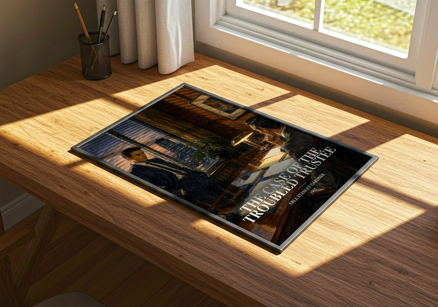 The Case Of The Troubled Trustee watercolour book poster framed on wall – mystery wall art