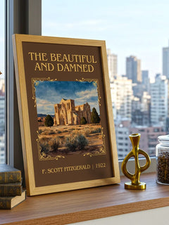 The Beautiful And Damned Classic Book Art Print by F. Scott Fitzgerald – framed print on a city-view windowsill