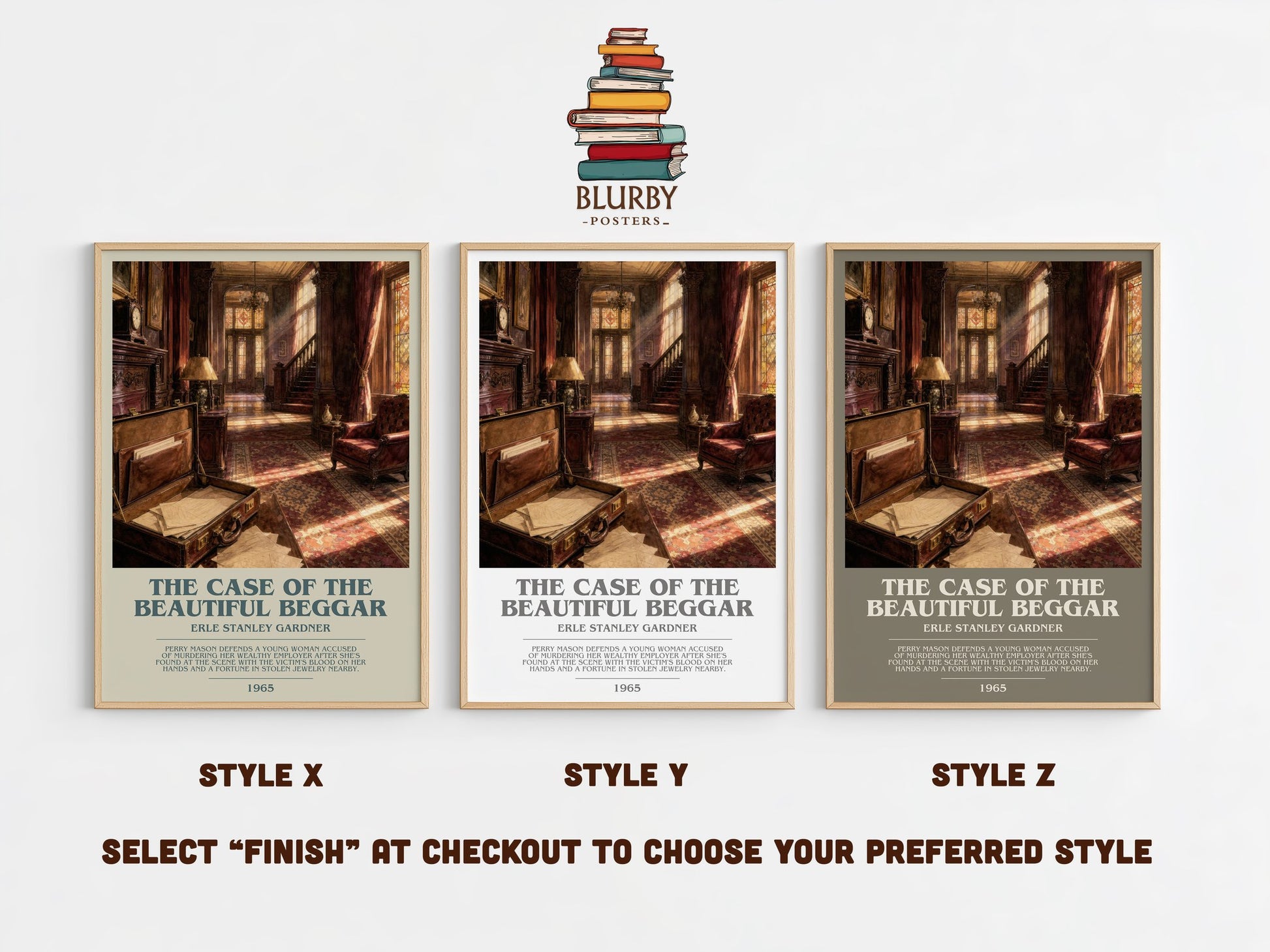 The Case Of The Beautiful Beggar bookish print in frame leaning in hallway – mystery wall art