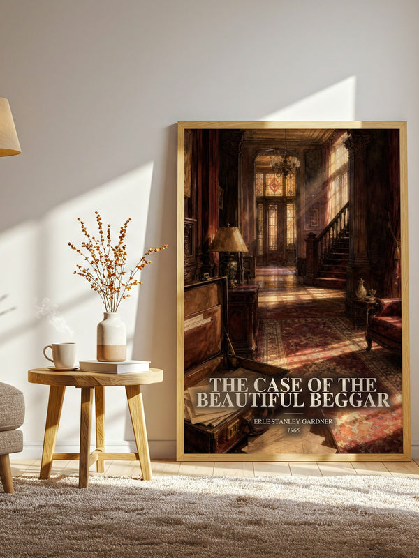 The Case Of The Beautiful Beggar watercolour print in frame leaning in hallway – mystery wall art