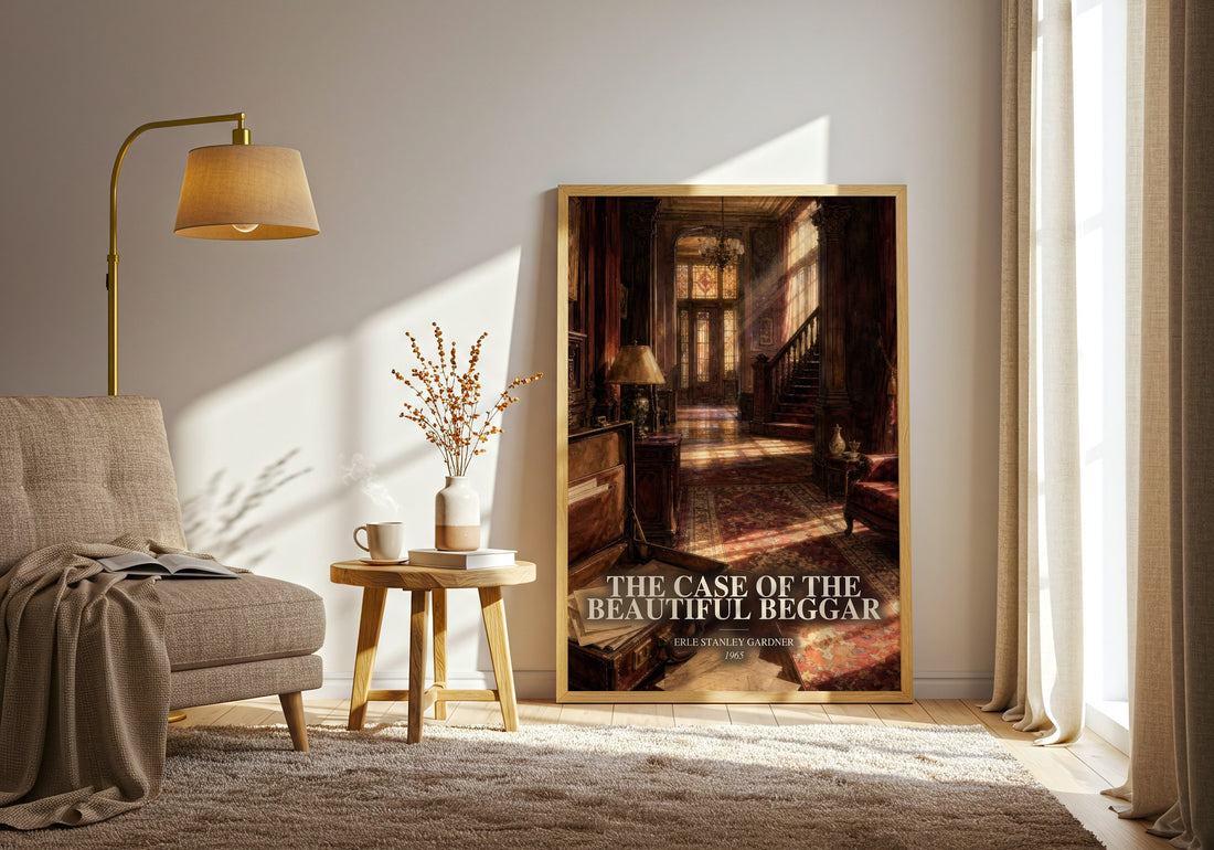 The Case Of The Beautiful Beggar watercolour print in frame leaning in hallway – mystery wall art (mockup)