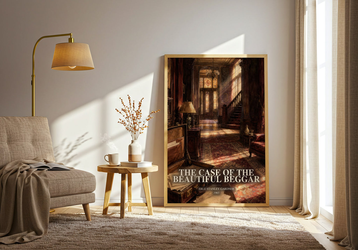 The Case Of The Beautiful Beggar watercolour print in frame leaning in hallway – mystery wall art