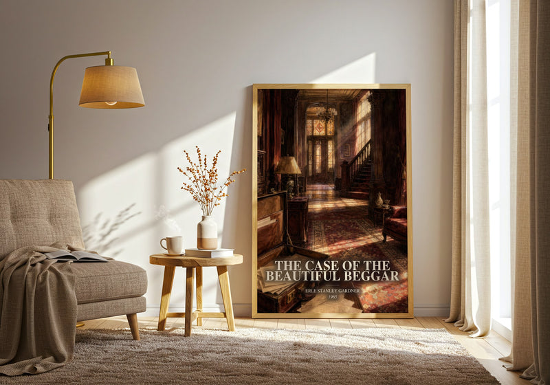 The Case Of The Beautiful Beggar watercolour print in frame leaning in hallway – mystery wall art
