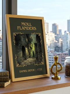 Moll Flanders Classic Book Art Print by Daniel Defoe – framed print on a city-view windowsill