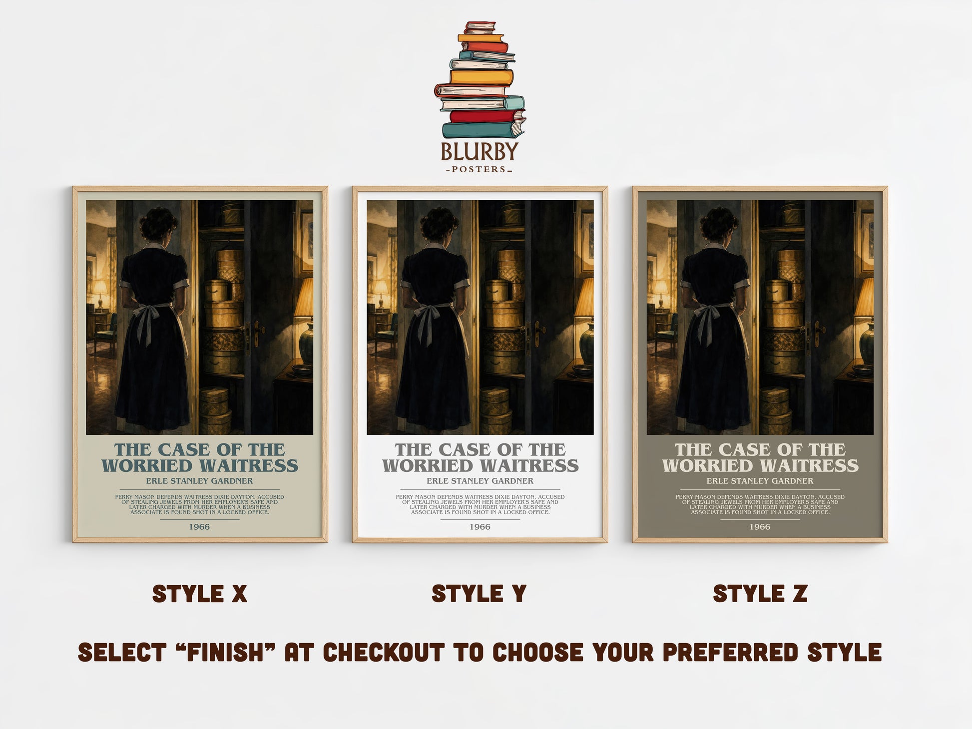 The Case Of The Worried Waitress bookish print in frame leaning in hallway – mystery wall art