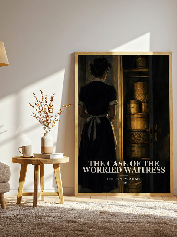 The Case Of The Worried Waitress watercolour print in frame leaning in hallway – mystery wall art