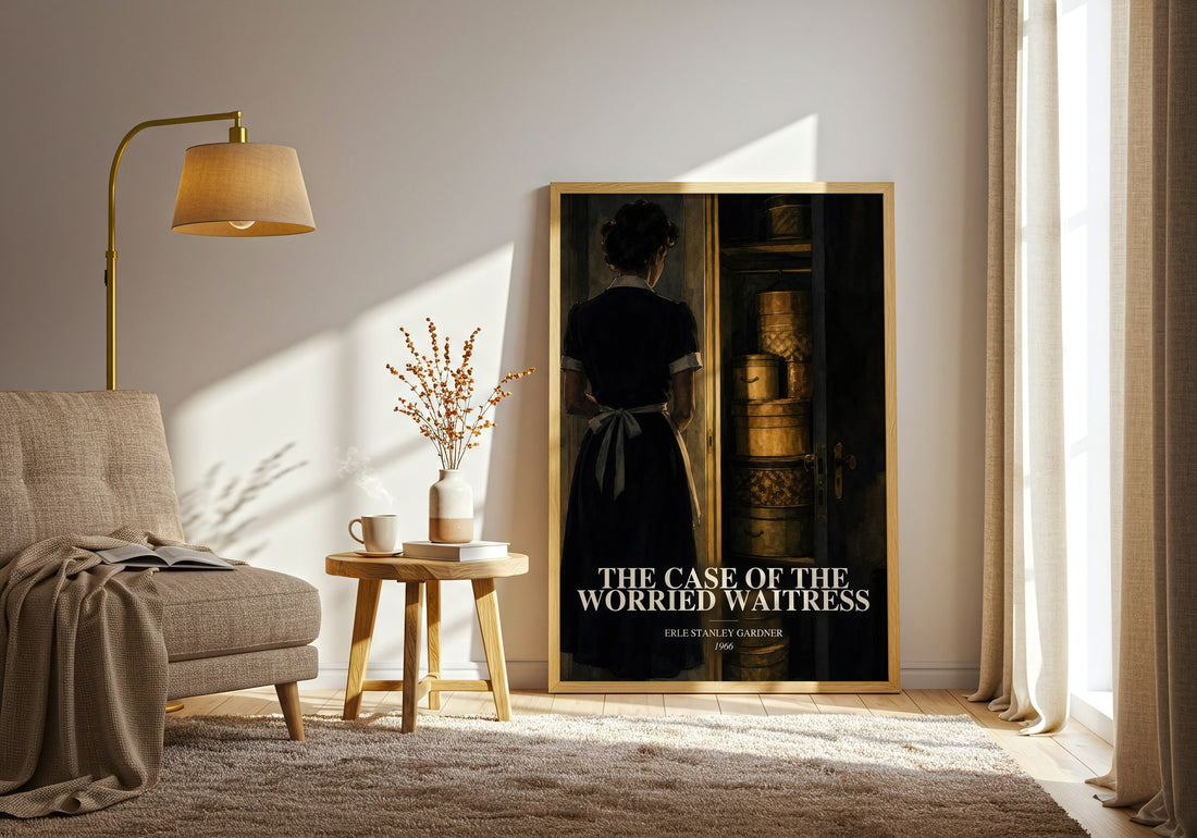 The Case Of The Worried Waitress watercolour print in frame leaning in hallway – mystery wall art (mockup)