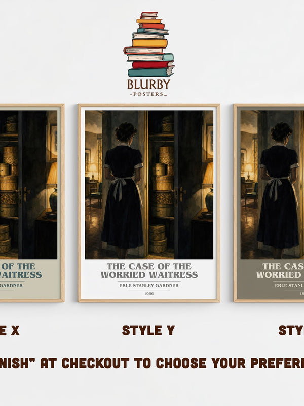 The Case Of The Worried Waitress book cover print in frame leaning in hallway – mystery wall art