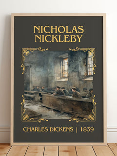 Nicholas Nickleby Classic Book Art Print by Charles Dickens – framed print leaning on a wooden floor