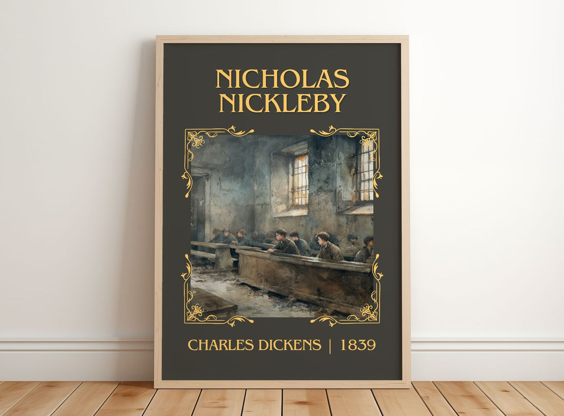 Nicholas Nickleby Classic Book Art Print by Charles Dickens – framed print leaning on a wooden floor