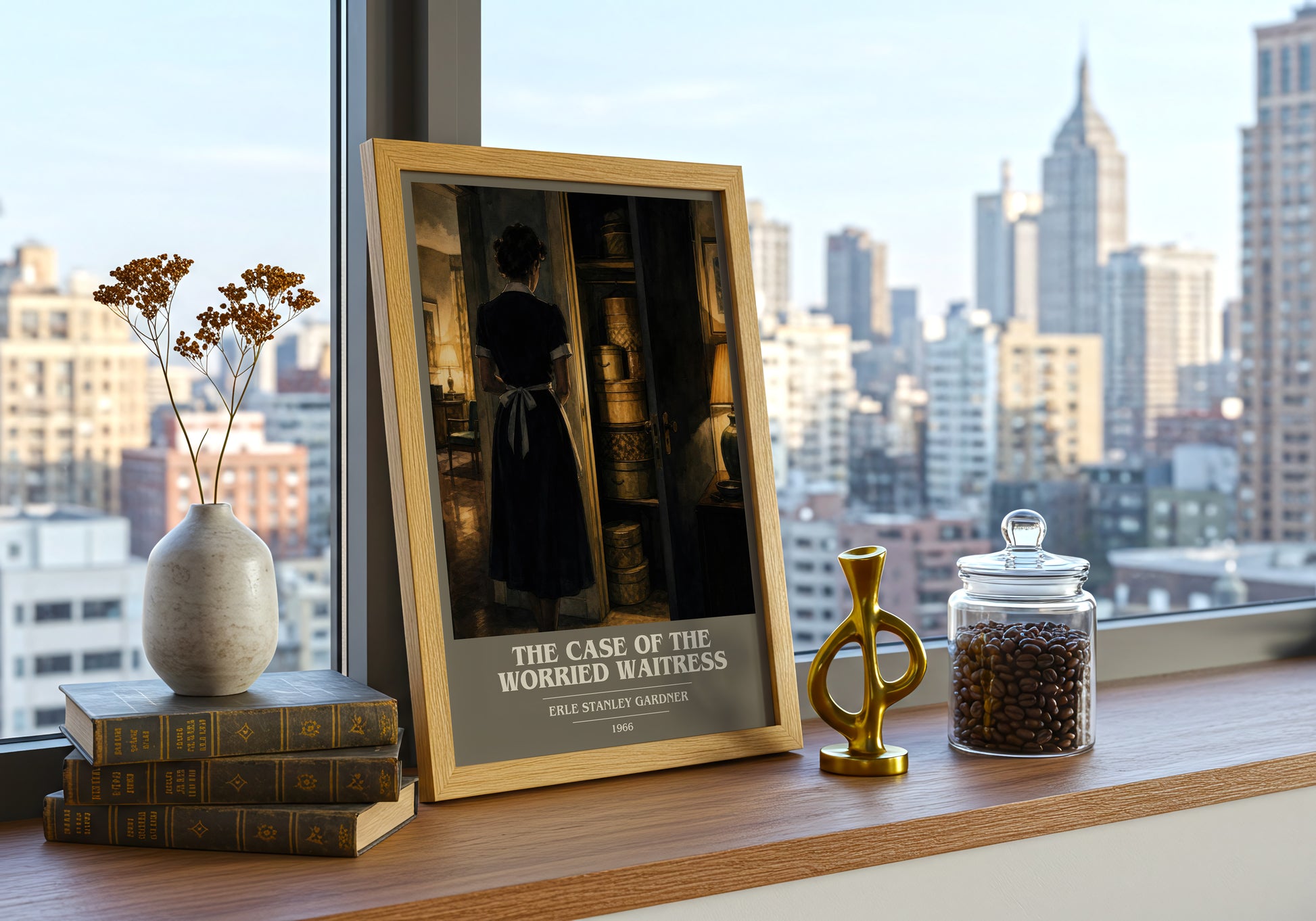 The Case Of The Worried Waitress book cover print framed by window – literary home decor