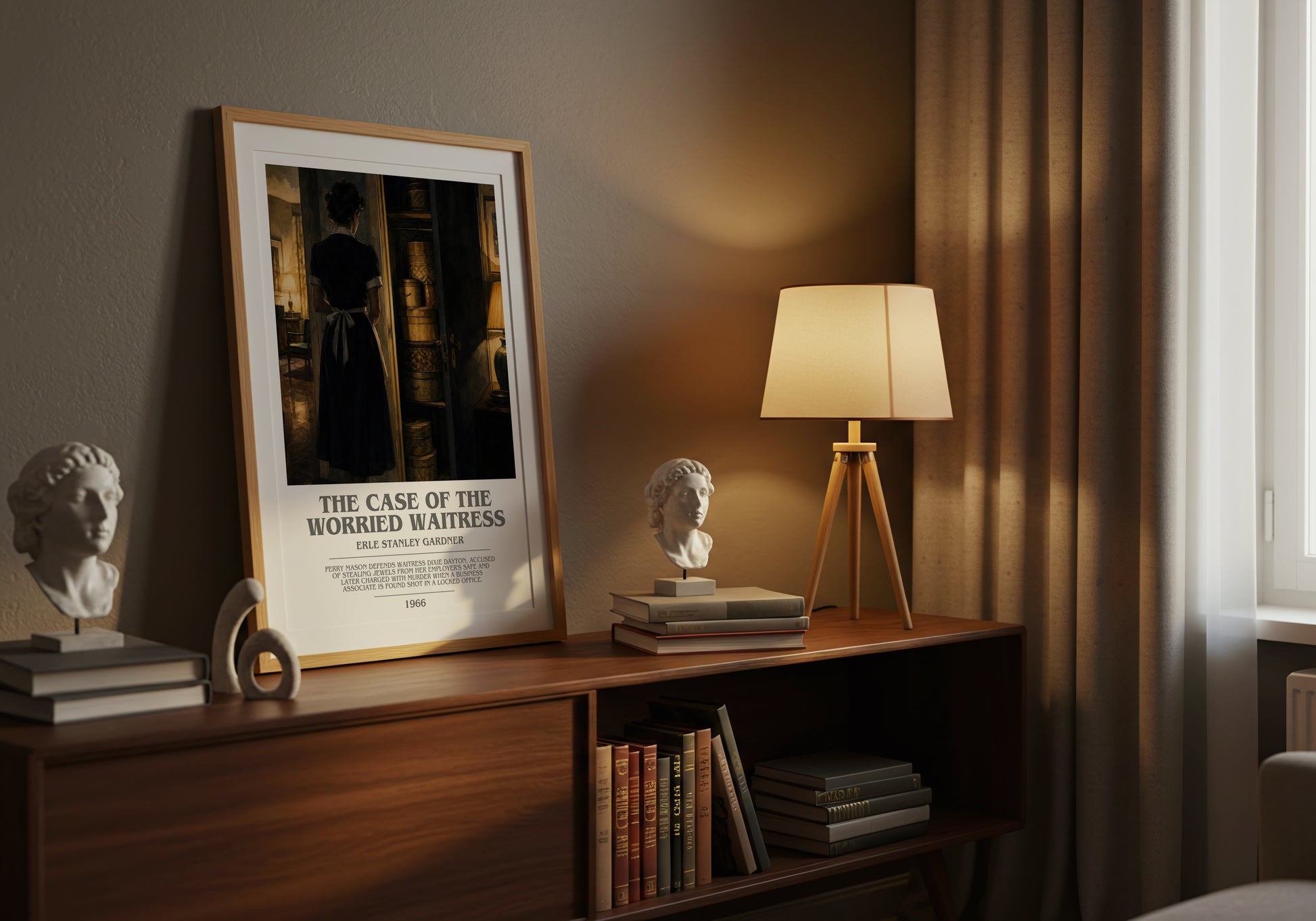 The Case Of The Worried Waitress bookish book poster framed on wall – mystery wall art