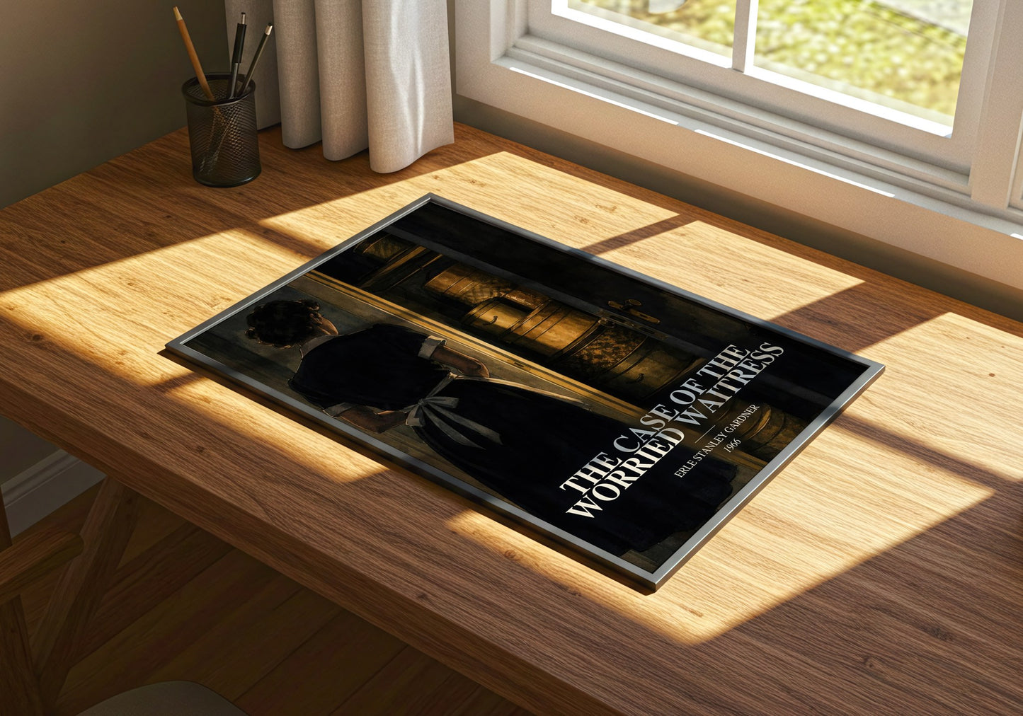 The Case Of The Worried Waitress watercolour book poster framed on wall – mystery wall art