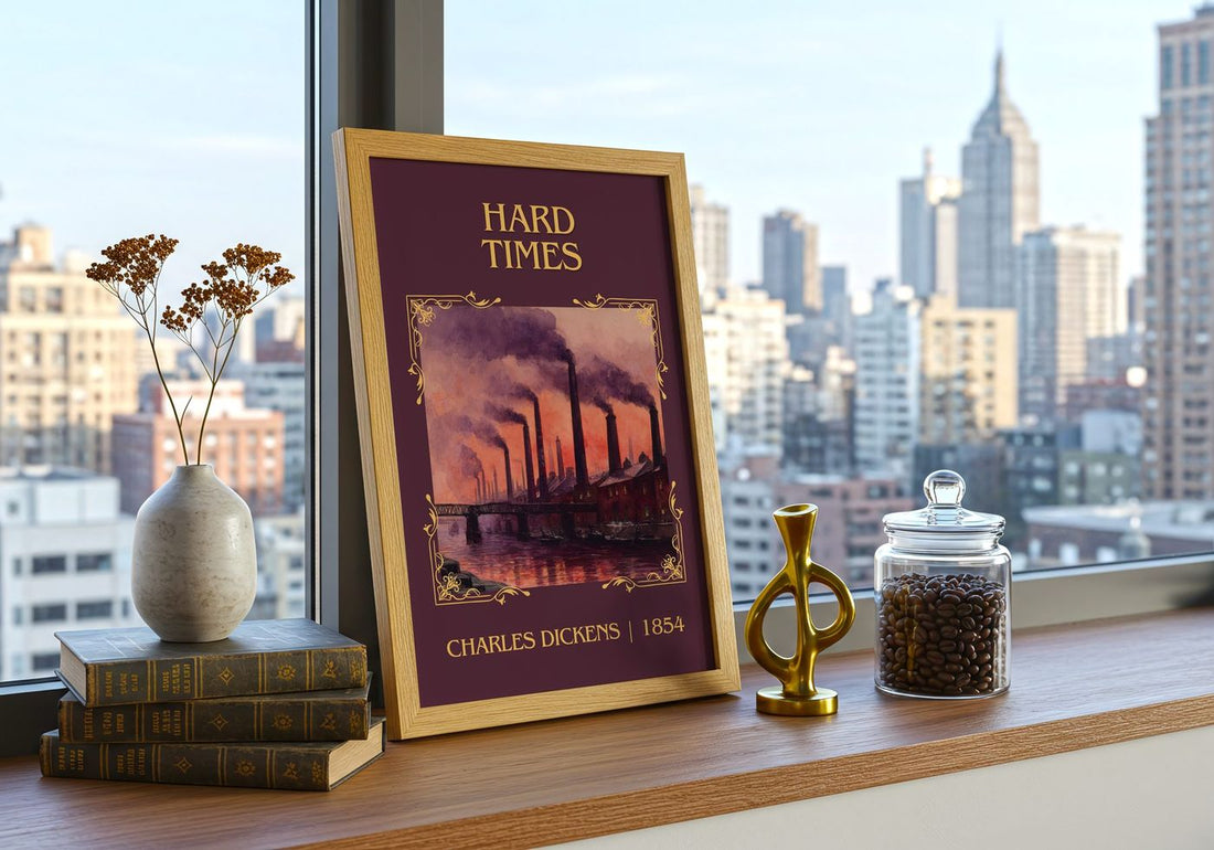 Hard Times Classic Book Art Print by Charles Dickens – framed print on a city-view windowsill