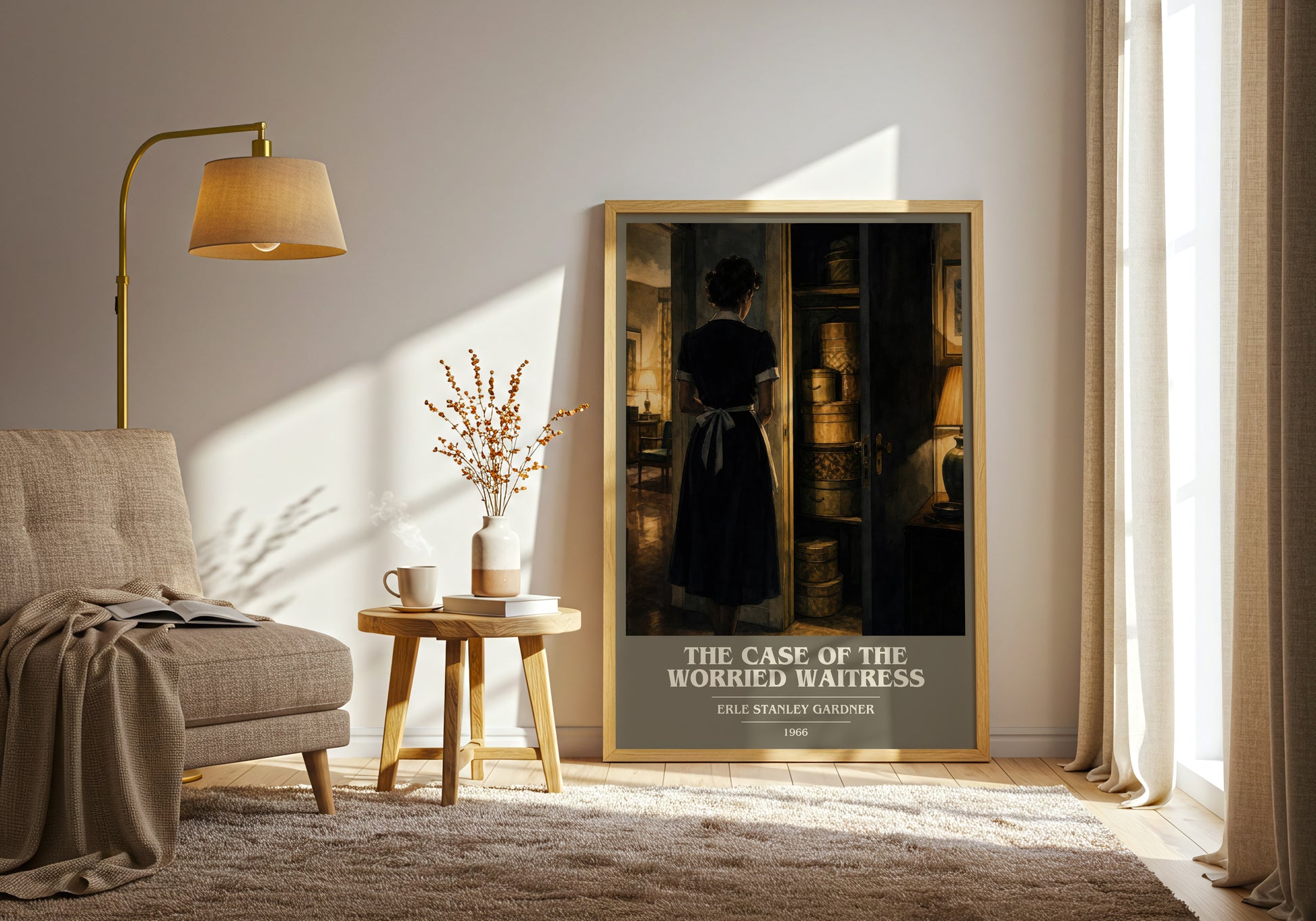The Case Of The Worried Waitress book cover print on bookshelf – Erle Stanley Gardner fan gift
