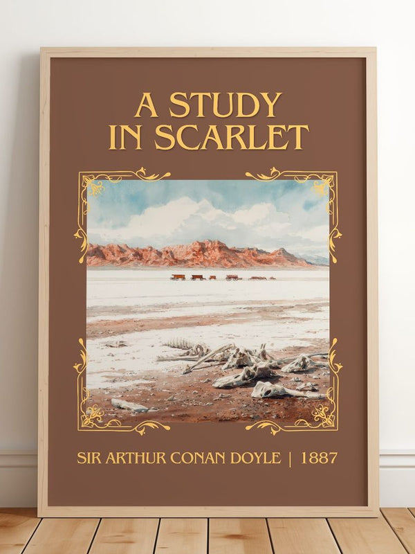 A Study In Scarlet Classic Book Art Print by Sir Arthur Conan Doyle – framed print leaning on a wooden floor