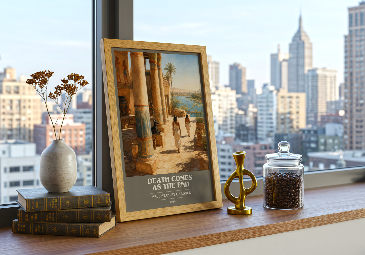 Death Comes As The End book cover print framed by window – literary home decor