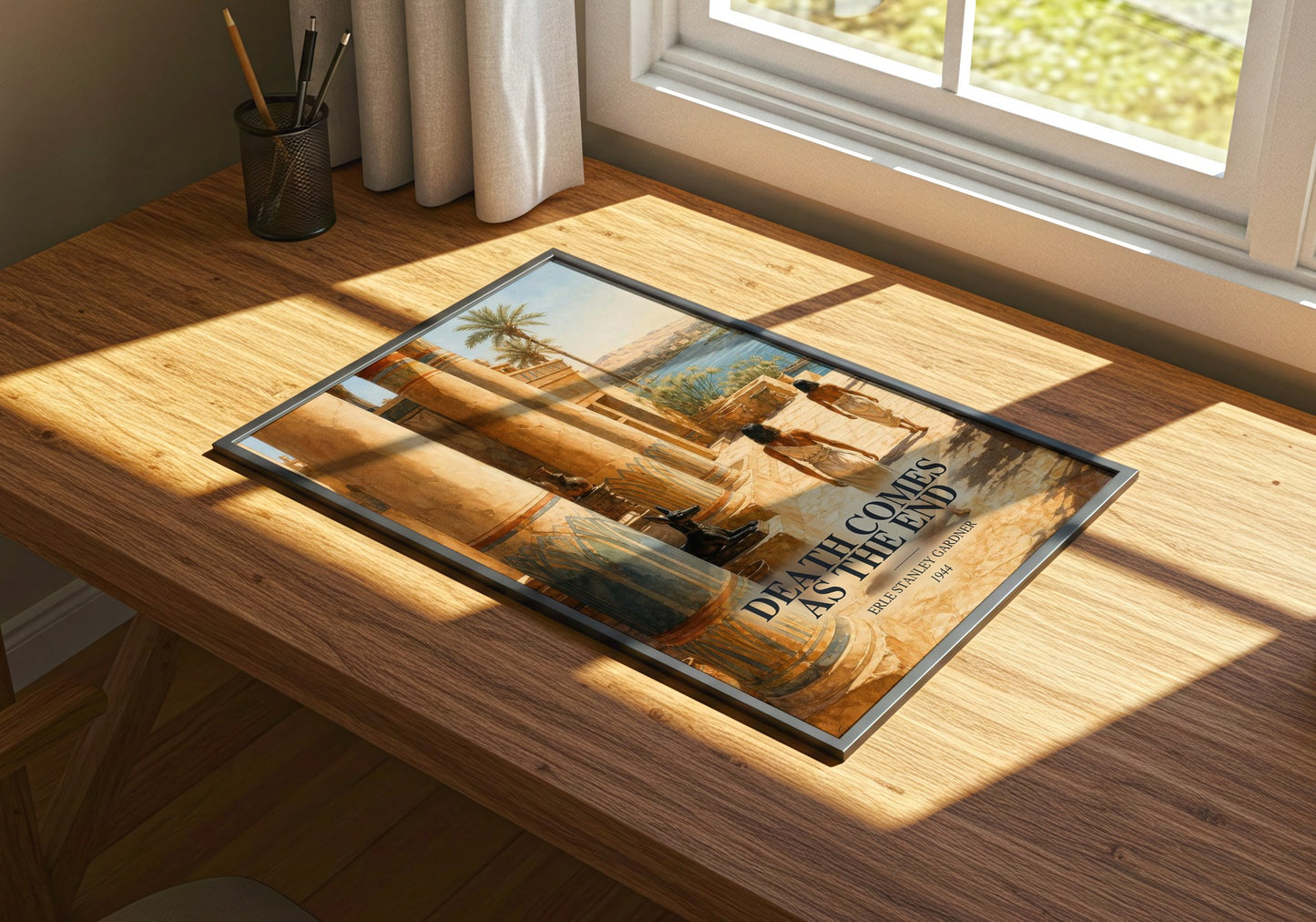 Death Comes As The End watercolour book poster framed on wall – mystery wall art