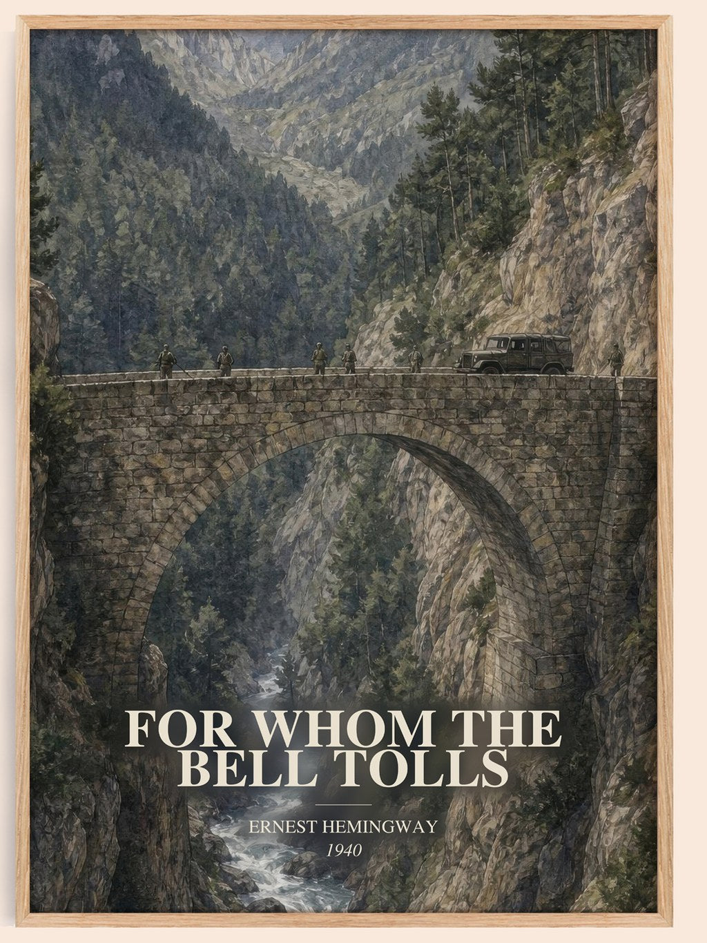 For Whom The Bell Tolls watercolour book poster by Ernest Hemingway – framed literary art print