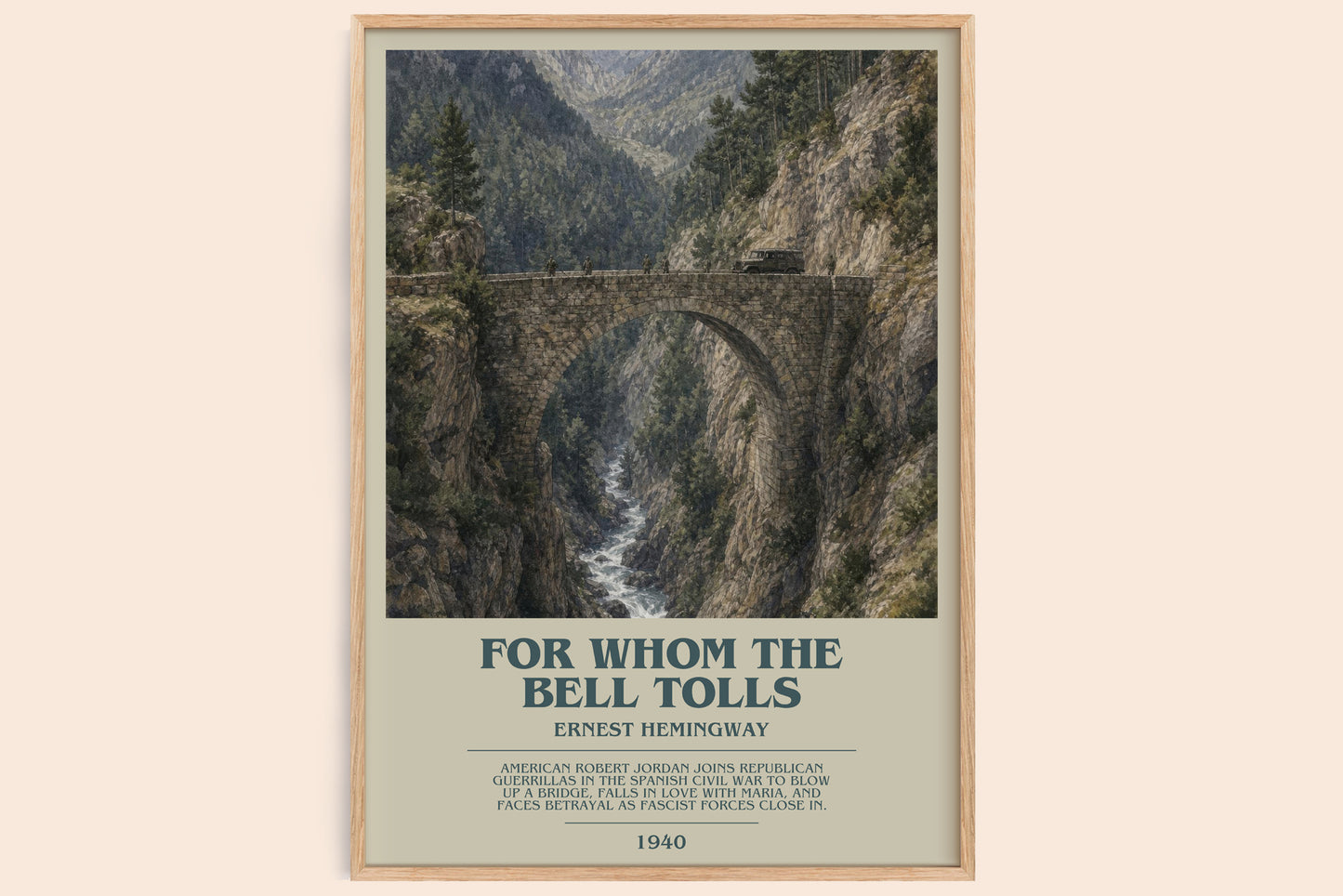 For Whom The Bell Tolls bookish book poster by Ernest Hemingway – framed literary art print