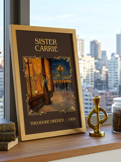 Sister Carrie Classic Book Art Print by Theodore Dreiser – framed print on a city-view windowsill