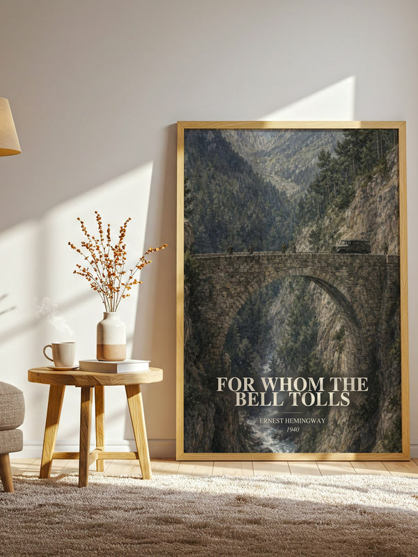 For Whom The Bell Tolls watercolour print in frame leaning in hallway – historical fiction wall art