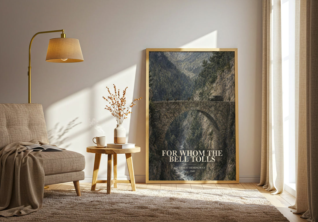 For Whom The Bell Tolls watercolour print in frame leaning in hallway – historical fiction wall art (mockup)