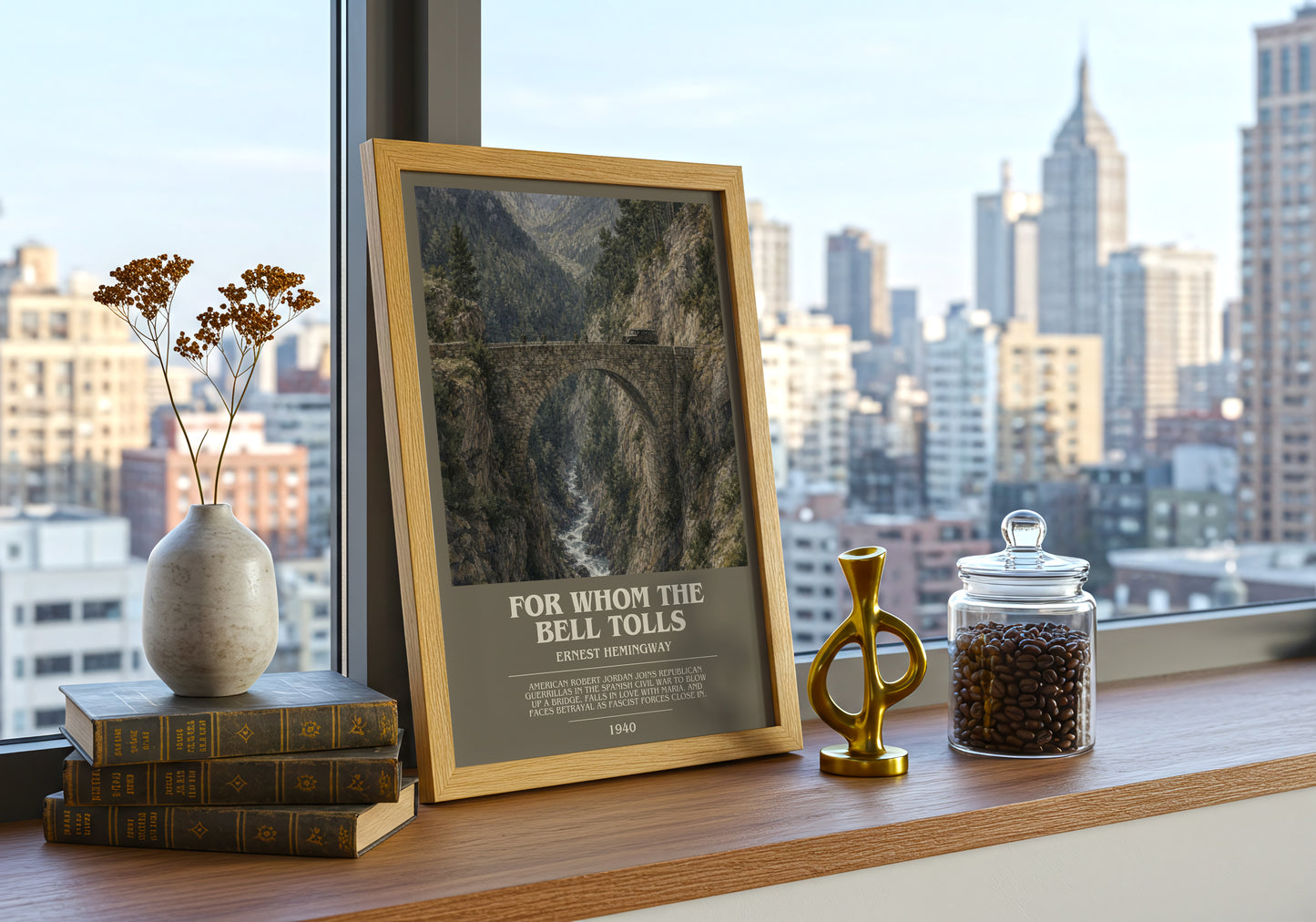 For Whom The Bell Tolls bookish print framed by window – literary home decor