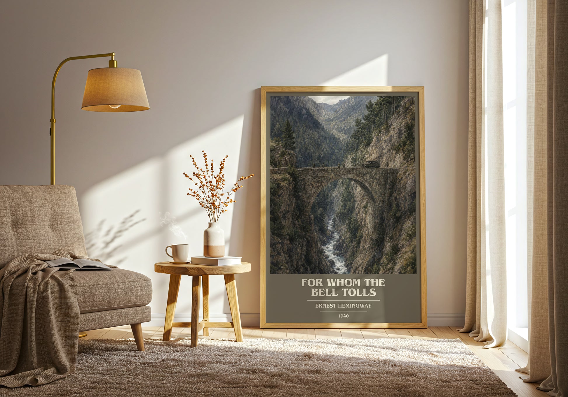 For Whom The Bell Tolls book cover print on bookshelf – Ernest Hemingway fan gift
