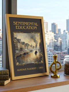 Sentimental Education Classic Book Art Print by Gustave Flaubert – framed print on a city-view windowsill