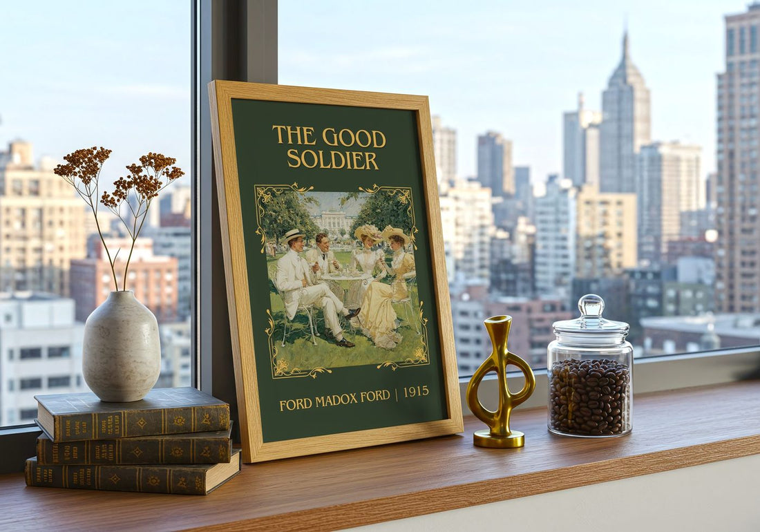 The Good Soldier Classic Book Art Print by Ford Madox Ford – framed print on a city-view windowsill