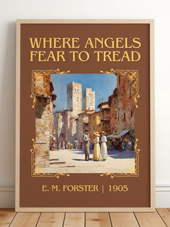 Where Angels Fear To Tread Classic Book Art Print by E. M. Forster – framed print leaning on a wooden floor