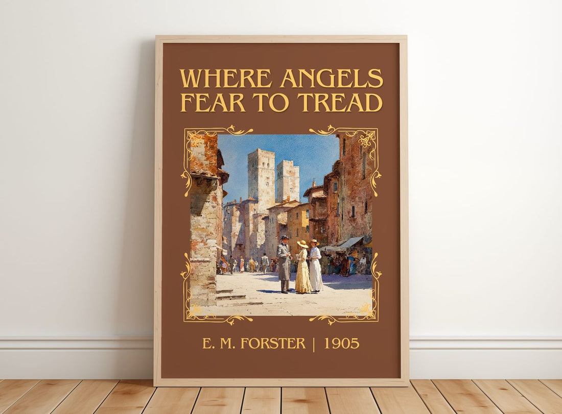 Where Angels Fear To Tread Classic Book Art Print by E. M. Forster – framed print leaning on a wooden floor