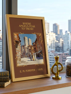 Where Angels Fear To Tread Classic Book Art Print by E. M. Forster – framed print on a city-view windowsill