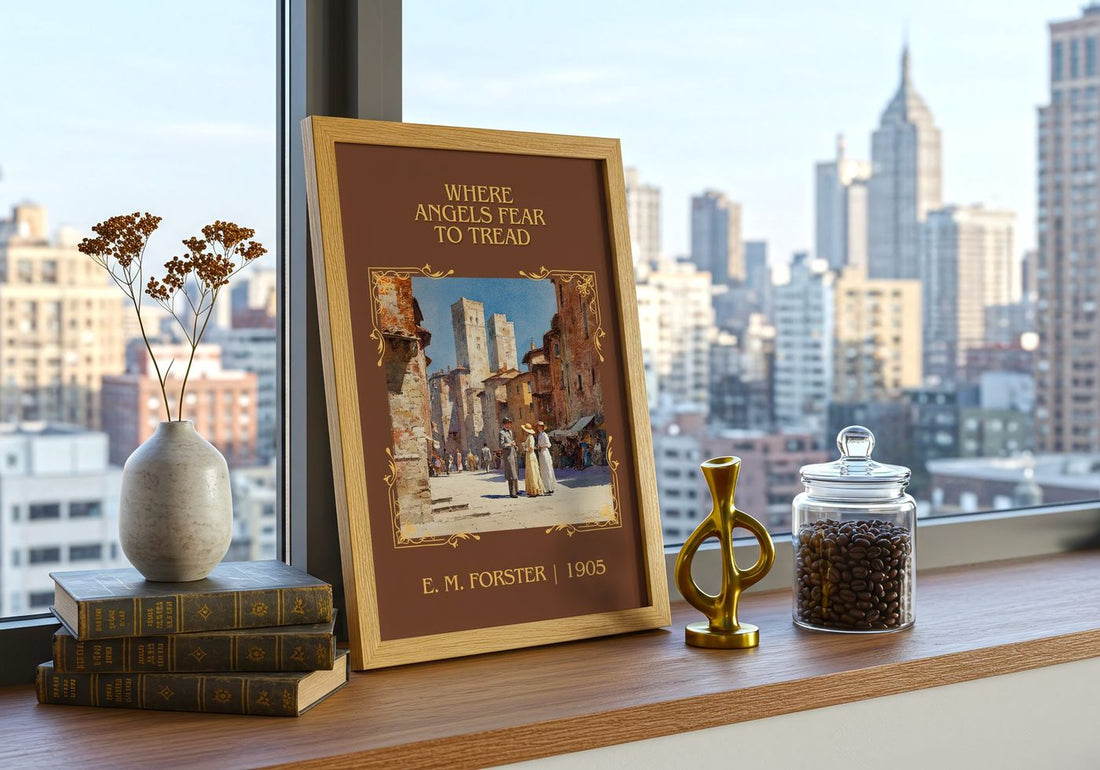 Where Angels Fear To Tread Classic Book Art Print by E. M. Forster – framed print on a city-view windowsill