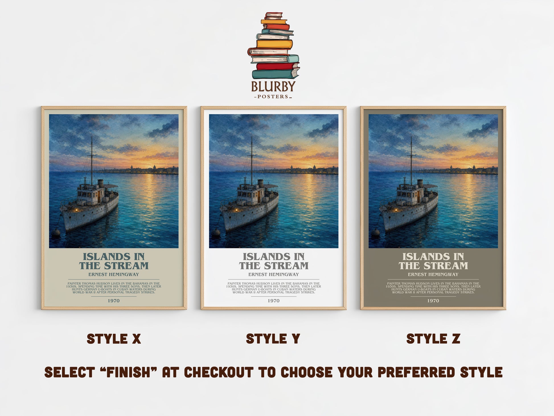 Islands In The Stream bookish print in frame leaning in hallway – literary fiction wall art